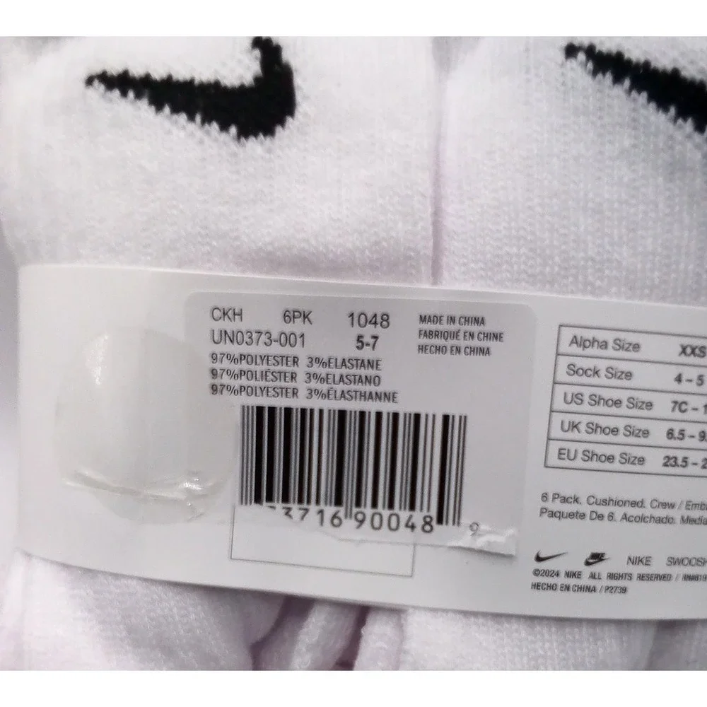 NIKE Kids Unisex Cushioned Crew Socks 6 Pairs White, YTH Shoe Size 10c-3y